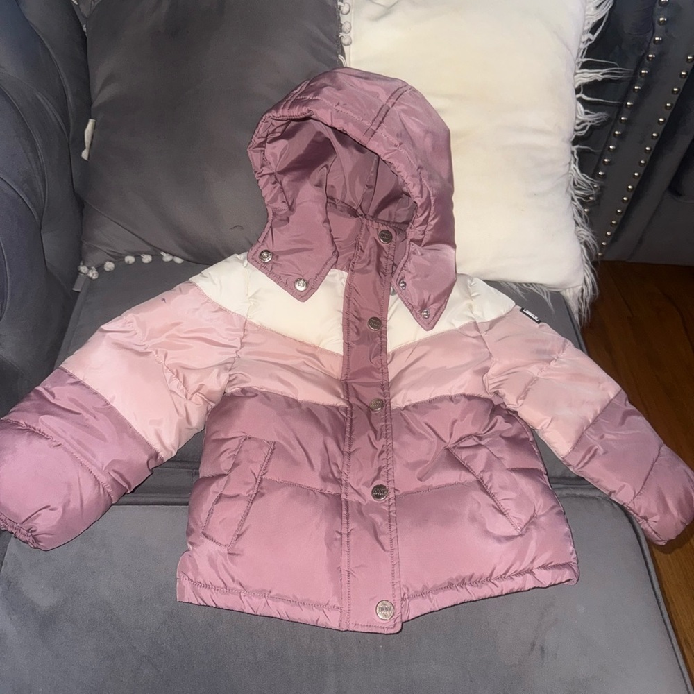 Dkny Pink and White Puffer Jacket with Quilted Texture